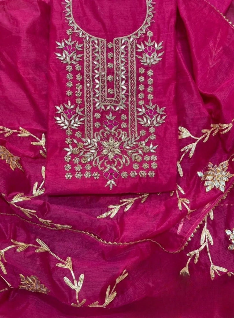 Exquisite PURE Chanderi Dress Material: Heavy Moti and Neck Work Kurta with Gota Patti Dupatta with Shantoon Bottom