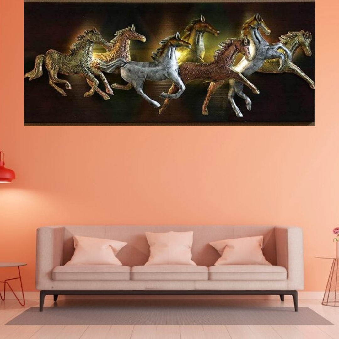 Golden Frame 7 Horses (Size - 61X4X24")
