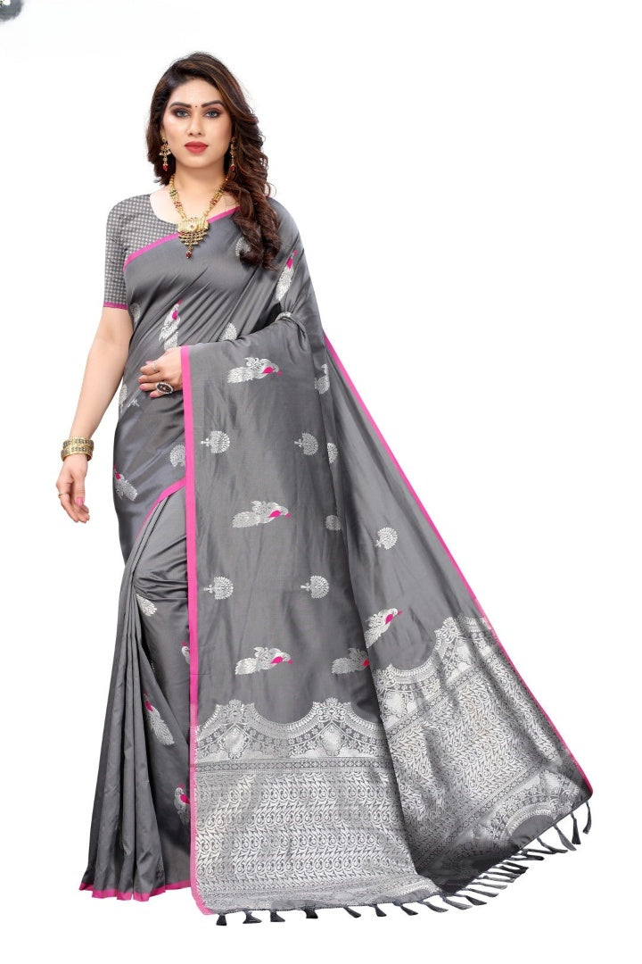 Graceful Lichi Silk Saree with Silver Zari Weaving Work: Timeless Elegance