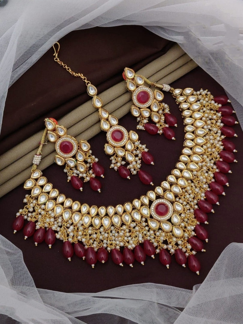 Brass Red Choker Designer Gold Plated Necklaces Set