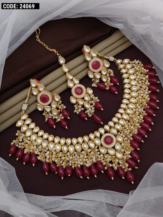 Brass Red Choker Designer Gold Plated Necklaces Set