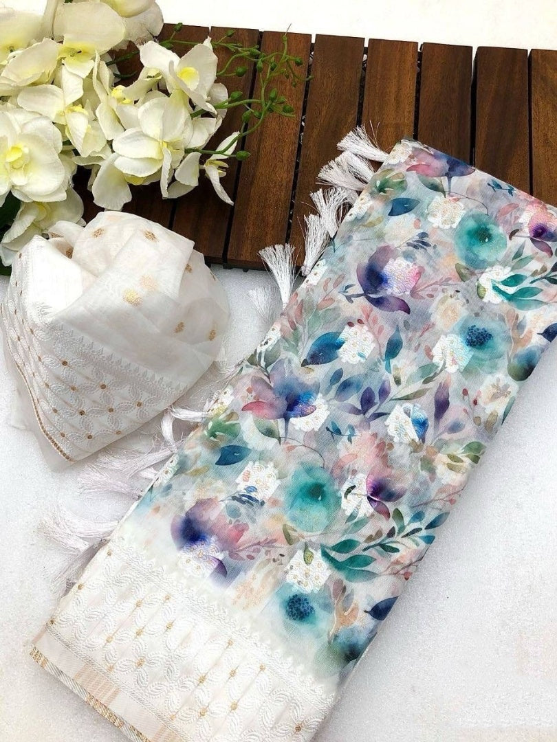 Discover Vibrant Elegance: Multi-Color Soft Linen Cotton Silk Saree with Digital Printed Work