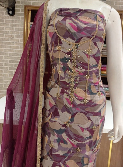 Exquisite Imported Soft Silk Dress Material with Original Kundan Work