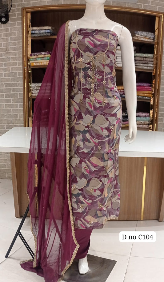 Exquisite Imported Soft Silk Dress Material with Original Kundan Work