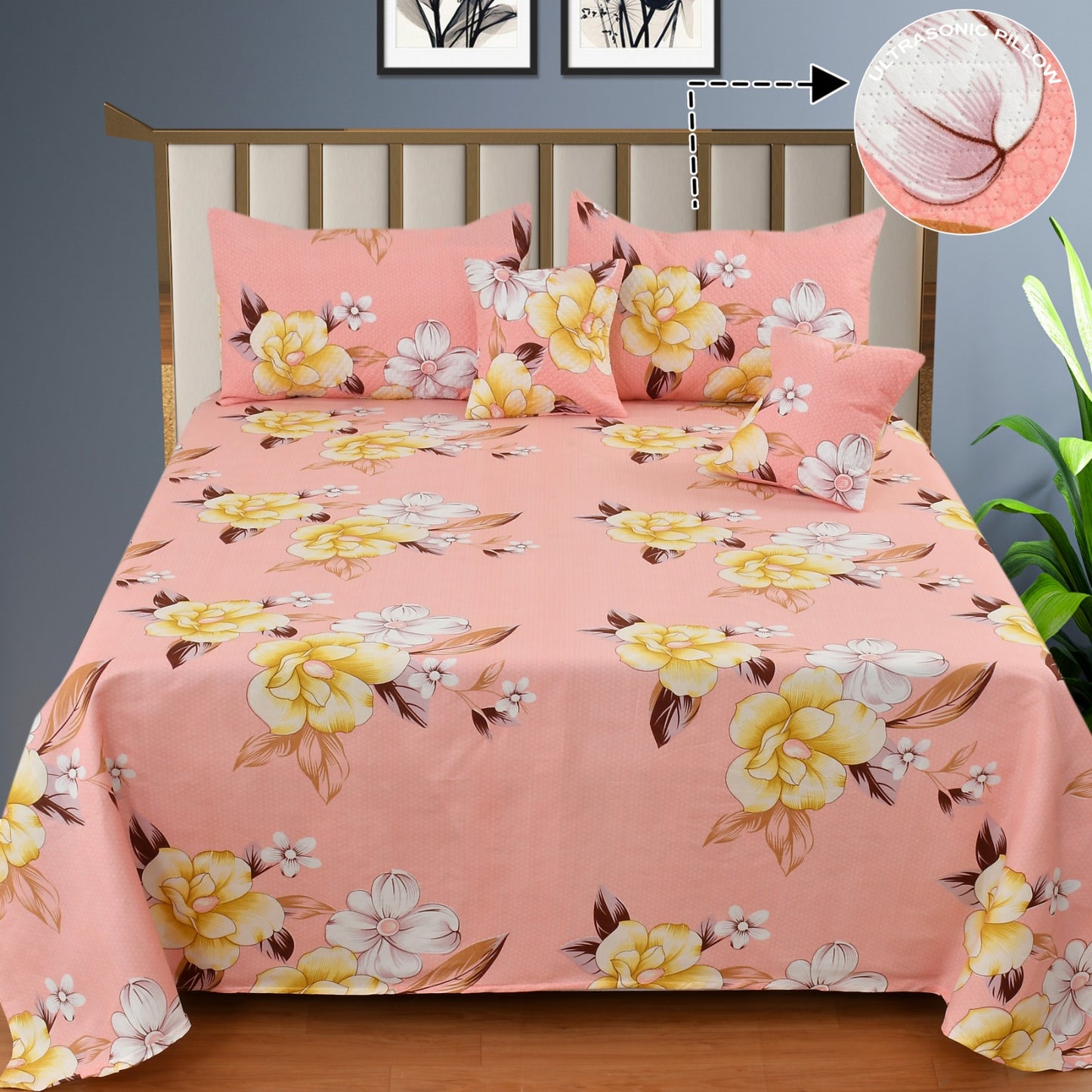 Glace Cotton Bedding Set : Set of 5 Pcs. One Double Bedsheet , Two Quilted Pillow Covers, Two Quilted Cushion Covers with Filler