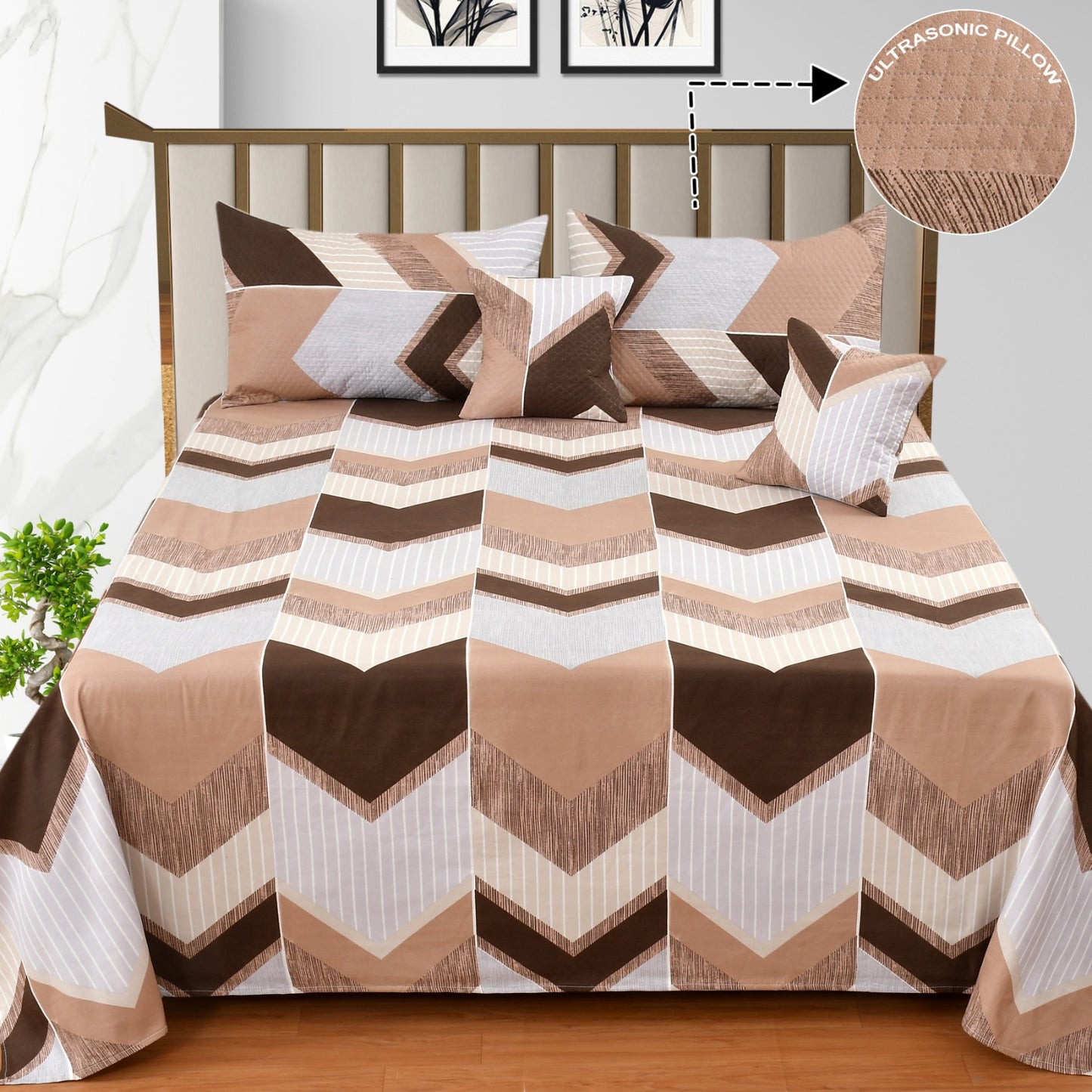 Glace Cotton Bedding Set : Set of 5 Pcs. One Double Bedsheet , Two Quilted Pillow Covers, Two Quilted Cushion Covers with Filler
