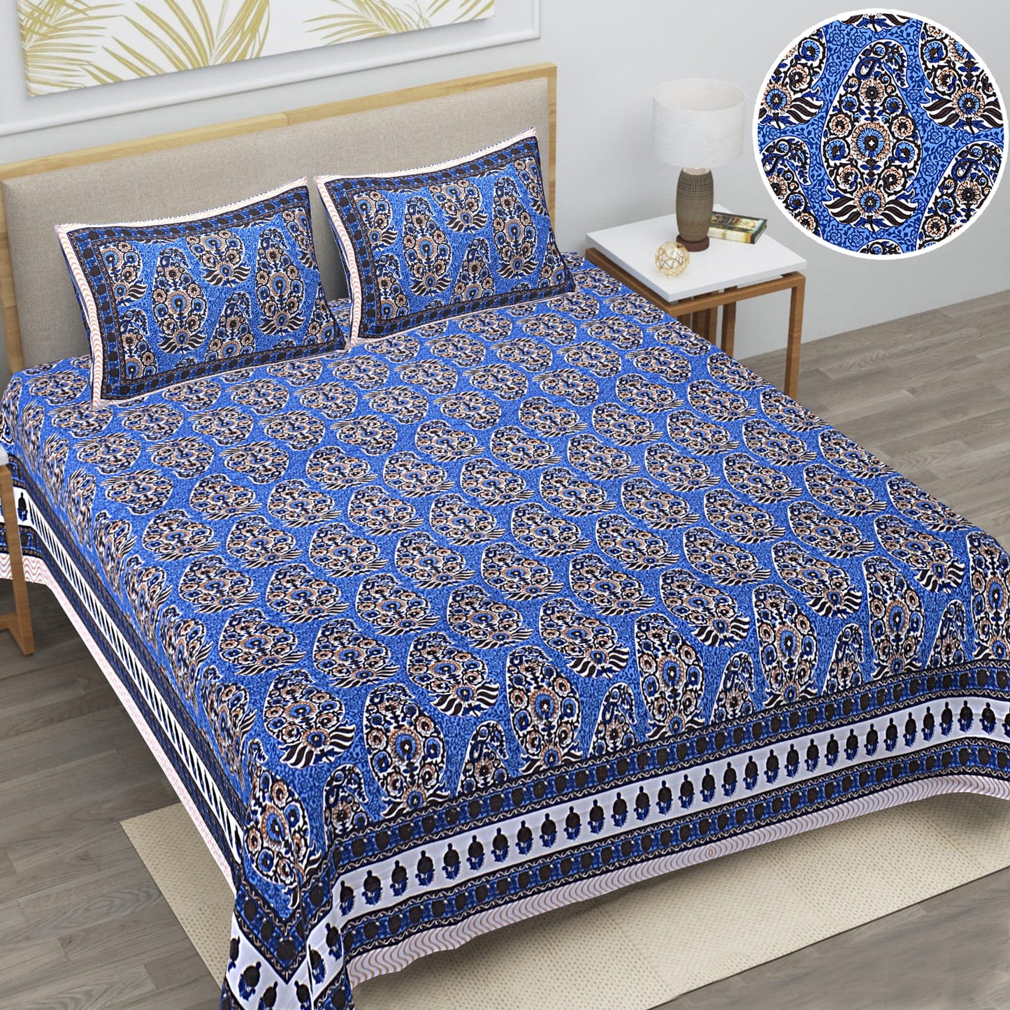 Regal Comfort: King Size Jaipuri Bedsheet Set with Two Chain Pillow Covers